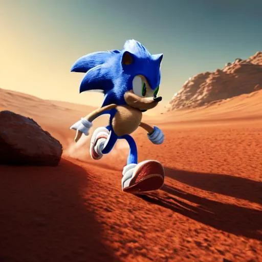 Prompt: Sonic The Hedgehog running through Mars