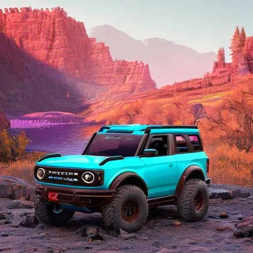Prompt: A neon blue 2022 ford bronco with monster truck wheels. On the Rocky Mountains during a bright and vibrantly neon coloured sunset.
