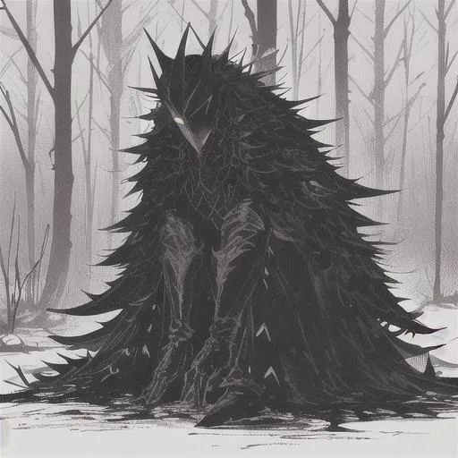 Prompt: a humanoid monster, in a forest where only its dark silhouette can be seen, full body, wearing a spiked cloak of thorns