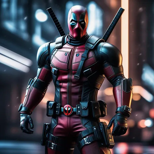Prompt: Masterpiece, Deadpool wear black and silver cyberpunk mechanic armor, heroic pose, finely detailed armor, intricate design, cinematic lighting, 4k, perfect composition, beautiful detailed intricate insanely detailed octane render trending on artstation, 8 k artistic photography, photorealistic concept art, soft natural volumetric cinematic perfect light, chiaroscuro, award - winning photograph, synthwave, inkpunk, by greg rutkowski, beeple, beksinski, giger, neon ambiance, abstract black oil, gear mecha, detailed acrylic, grunge, intricate complexity, rendered in unreal engine, photorealistic, neon color, disco, cypunk, futuristic, trending on artstation, by greg rutkowski,  8k