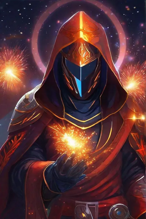 Prompt: futuristic, (motorcycle helmet), astral sorcerer, battle mage, astral hooded robe, fire magic, fireworks background 
