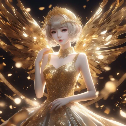 Prompt: 3d anime woman gold short hair hair and gold dress dress gold glitter pale skin deity and beautiful pretty art 4k full HD
