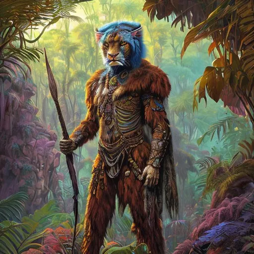 Prompt: Portrait painting, tall panther-like humanoid warrior with spear and fur armor, colorful feather cape, in the jungle, dull colors, danger, fantasy art, by Hiro Isono, by Luigi Spano, by John Stephens