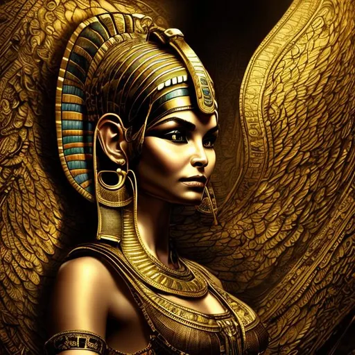 Prompt: ultra wide angle, dark epic background, gorgeous lifelike, golden design, cleopatra, cinematic, insane details, intricate details, hyperdetailed, ultra texture details