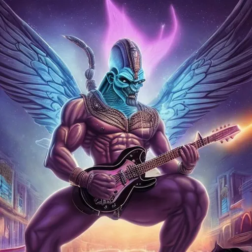 Prompt: Bodybuilding Assyrian Winged Genie playing guitar for tips in a busy alien mall, widescreen, infinity vanishing point, galaxy background