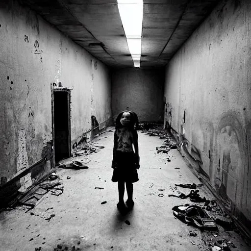 Prompt: Realistic photo wide shot Realistic black and white photo Create a post-apocalyptic world where our heroine Maya Monya  a 10- year-old Black female, battle hardened.  
The bunker was a labyrinth of corridors and chambers, each one filled with relics of a bygone era. Maya marveled at the remnants of advanced technology, long-abandoned laboratories, and forgotten artifacts. 

She found books and documents, recordings and photographs, each one offering a glimpse into a world that had been lost.