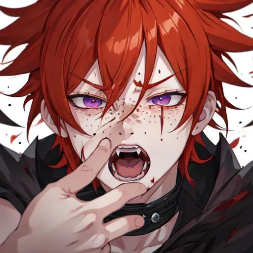 Prompt: Erikku male adult (short ginger hair, freckles, right eye blue left eye purple) UHD, 8K, Highly detailed, insane detail, best quality, high quality, covered in blood, covering his face with his hand, wide eyes, insane, fear, threatening, laughing, angry, fighting, psychopathic, anime style