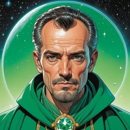 Prompt: A portrait of a medium charlatan. He is middle-aged, clean-shaven, brunette, wears green robes, and has crystals orbiting his head. In the style of Moebius (Jean Giraud), comic