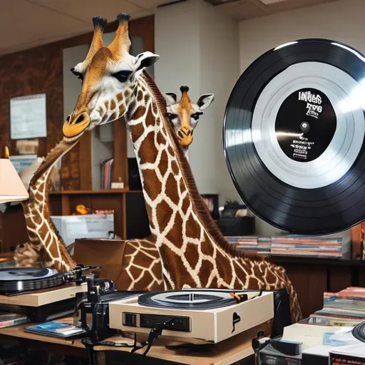 Prompt: Vinyl records being perused by a giraffe