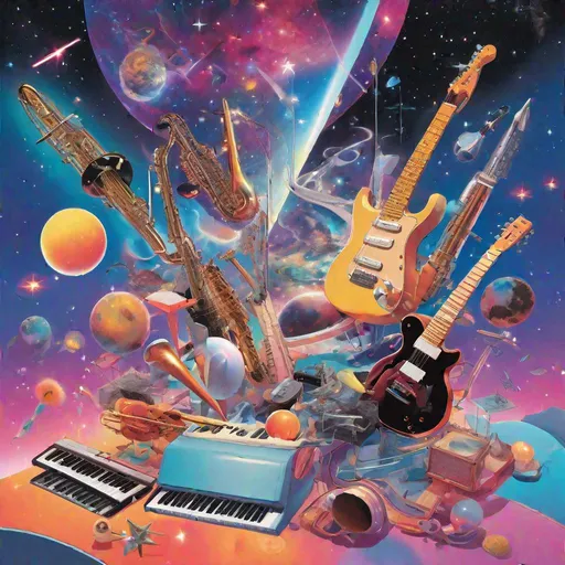 Prompt: An album cover featuring a surreal collage of musical instruments floating in space. At the center is a vibrantly colored electric guitar hovering over a crystal planet. Surrounding it are a theremin, saxophone, synthesizers, and other instruments glowing against a starry nebula backdrop. Warm spotlights illuminate each object in a dramatic fashion. By James Jean in a retro vaporwave style. ((Nebula background)) ((Glowing instruments))