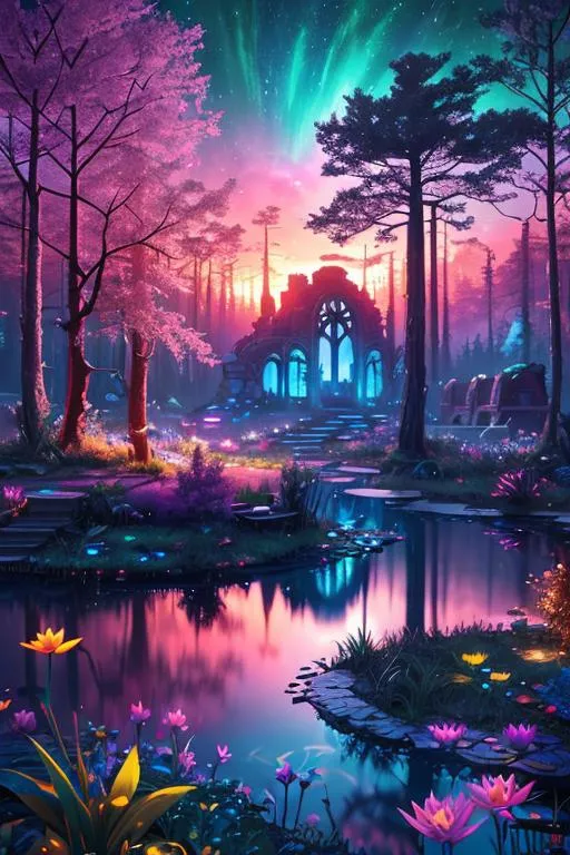 Prompt: A colorful forest of secrets with a galactic pond with retrowave ruins in the background with small pixies flying, 64k, highest resolution, vivid colors, best detail, highest detail, sunset, highest possible detail, unreal engine, 