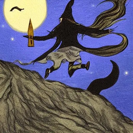 Prompt: A witch flying through the night with the moon in the background