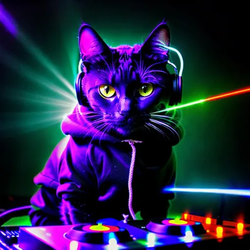 Prompt: moody black cat dj in a hoodie with headphones. dark rave atmosphere  lasers 