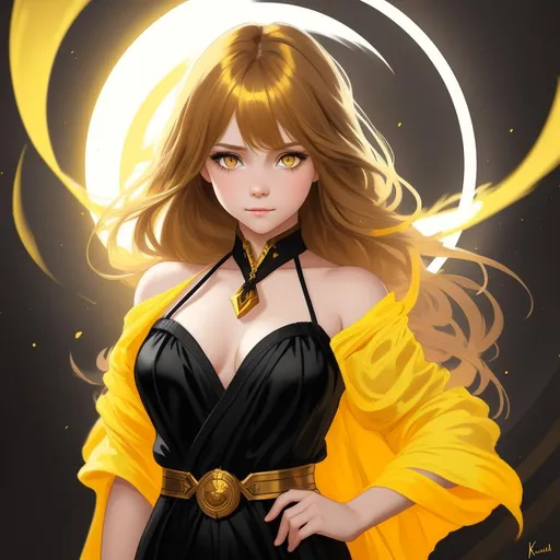 Prompt: splash art of a cute halfling girl, with light skin, golden eyes, yellow eyes, yellow eyes, brown hair, ashy hair, in the style of an oil painting, bright  colors, dreamy, black robe, by Ilya Kuvshinov and Alphonse Mucha, black , white,black and white, dreamy, in a dynamic pose, soft light, in watercolor style,