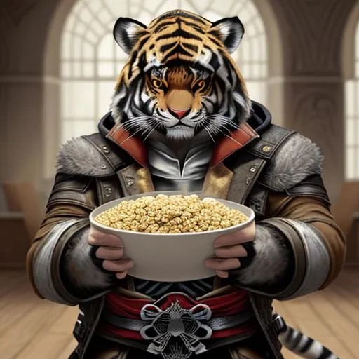 Prompt: Furry Tiger As A Assassin From Assassin's Creed Eating Cereal