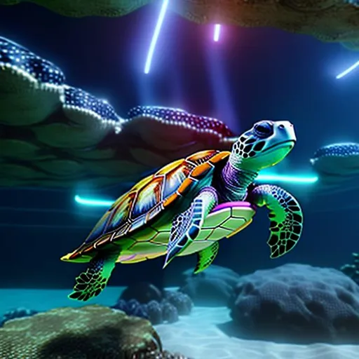 Prompt: Turtle with neon accents swimming through the sky. Octane render 4k ultra realistic 