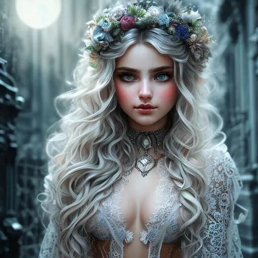 Prompt: Insanely detailed Portrait photograph of beautiful woman in rags, she has curly blonde hair and an ultra detailed face, lacy white clothes, symmetrical bright blue eyes, silver circlet, cleavage, soft face, deep colors, full moon lighting glow background, shadows, Breathtaking Fantasycore Artwork By Android Jones, Jean Baptiste Monge, Alberto Seveso, Erin Hanson, Jeremy Mann. Intricate Photography, A Masterpiece, 8k Resolution Artstation, Unreal Engine 5, Cgsociety, Octane Photograph, sharp focus