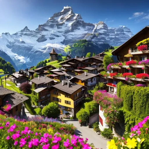 Prompt: photo, Swiss village, Swiss alps background, spring