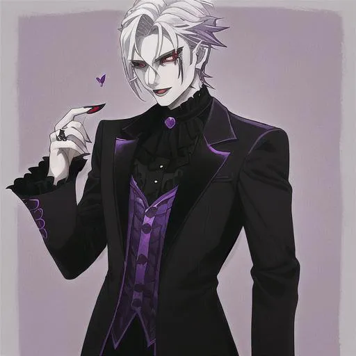 Prompt: A male gothic vampire wearing black and purple, he has white hair and red eyes, with black and red rings