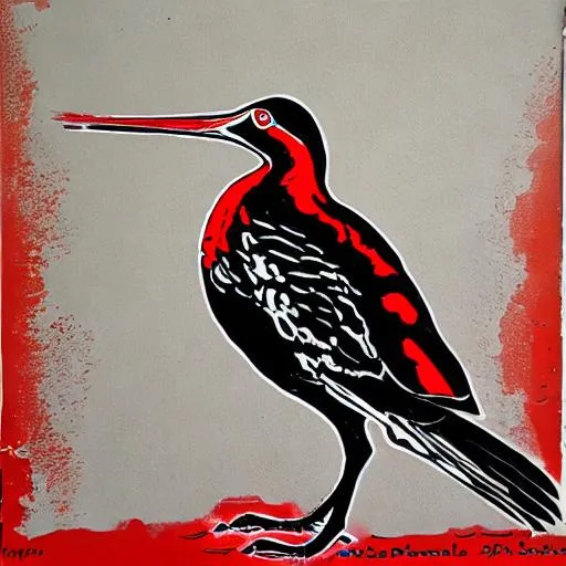 Prompt: snipe, painted red and black, black background, two black legs, extremely detailed