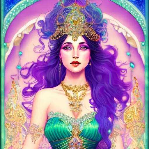 Prompt: Highly detailed woman, ethereal, simple tiara, full art nouveau background, mucha, purple and turquoise, curly hair, peacock feathers