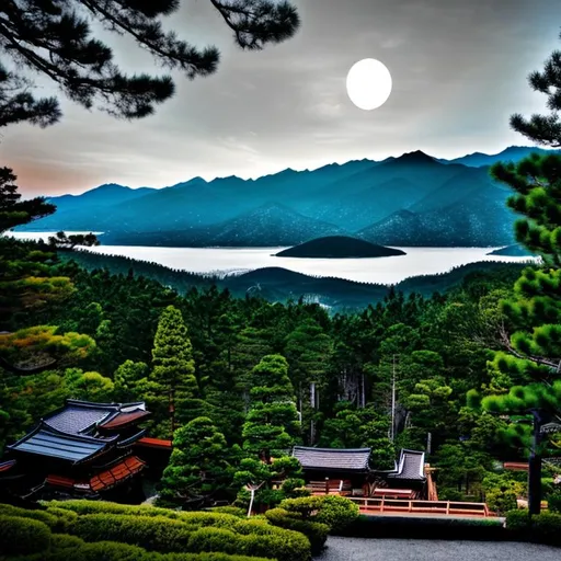 Prompt: japanese house, horror, at midnight ,  full moon, mountain , dark forest , fire's , 