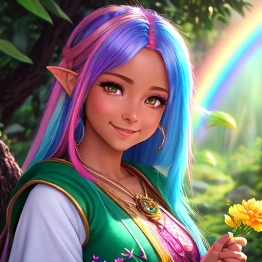 Prompt: oil painting, fantasy, Pixie girl, tanned-skinned-female, beautiful, short bright rainbow hair, straight hair, rosy cheeks, smiling, looking at the viewer, druid wearing intricate robes healing an animal, #3238, UHD, hd , 8k eyes, detailed face, big anime dreamy eyes, 8k eyes, intricate details, insanely detailed, masterpiece, cinematic lighting, 8k, complementary colors, golden ratio, octane render, volumetric lighting, unreal 5, artwork, concept art, cover, top model, light on hair colorful glamourous hyperdetailed medieval city background, intricate hyperdetailed breathtaking colorful glamorous scenic view landscape, ultra-fine details, hyper-focused, deep colors, dramatic lighting, ambient lighting god rays, flowers, garden | by sakimi chan, artgerm, wlop, pixiv, tumblr, instagram, deviantart