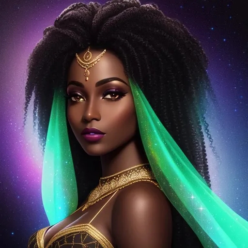 Prompt: 3/4 view face of a woman who looks like Adut Akech's and Shudu Gram, ((wide nose)), ((black skin)), ((black features)), ((intricate long flowing curly
 hair)), (long flowing gown), (filigree hair decoration), ((small breasts)), sparkling veils, ethereal, luminous, fireflies, galaxy background, neon light trails, glowing, nebula, dark contrast, celestial, trails of light, sparkles, 3D lighting, celestial, gold filigree, soft light, stained glass halo, vaporwave, fantasy