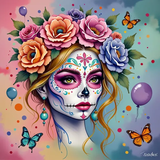 Prompt: This is a vibrant, digital illustration in a contemporary, surreal style, depicting a woman's head and shoulders adorned with elaborate Day of the Dead-inspired makeup and floral decorations. The background is a gradient blend of pastel colors, transitioning from pink to blue, with a sprinkle of colorful dots and small balloons in orange, yellow, blue, and red, adding a festive feel. The woman's face is painted in white with intricate blue, pink, and yellow patterns around her eyes, nose, and forehead, reminiscent of traditional Mexican sugar skull designs. Her large, expressive green eyes are accentuated with bold pink eyeshadow and long, black eyelashes. She has full pink lips and a small, black nose. Her curly, blonde hair is adorned with a crown of large, detailed roses in shades of pink, purple, and orange. She wears dangling turquoise earrings. A small, yellow butterfly is positioned near her right cheek, adding to the whimsical nature of the image. The overall composition is rich in color and detail, blending traditional cultural elements with a modern, artistic flair. The artist's signature "EVA MALEK" is visible in the bottom right corner.