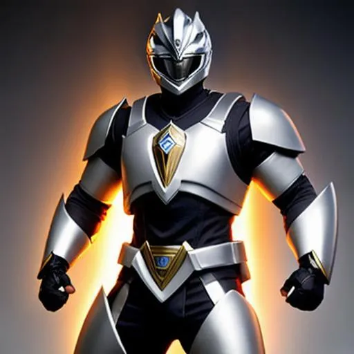 Prompt: Professional Character art portrait  of a male silver power ranger full body in full armor in a fighting stance