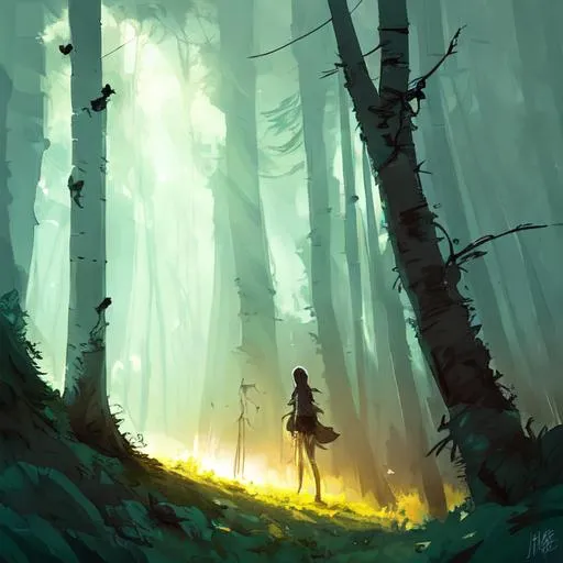 Prompt: mysterious whimsical dusk adventure forest anime
