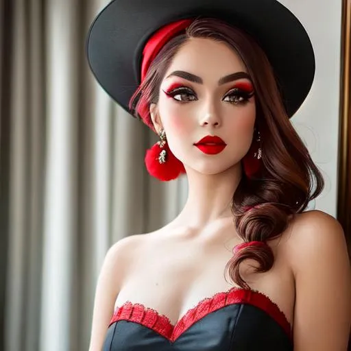 Prompt: a pretty girl wearing a red hat, wearing beautiful makeup