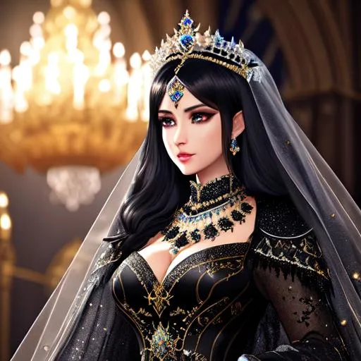 Prompt: dark haired queen wearing a transparent dark veil and hyper detailed shiny crown with a lot of obsidian, hyper detailed clothes full of ornaments glittering, dark particles, soft black misty color, in a castle, royalty, full accessories, highly detailed, full body, soft lighting, ultra realistic, 8K, digital art, unreal engine 5