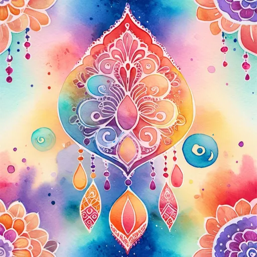 Prompt: Kawaii watercolor artistic patterns with  Henna art inspired embellishments and Flourishes, bright vibrant colors, Highly detailed ,popping vibrant colors, Gradient Colors, Intricate details , Highly textured