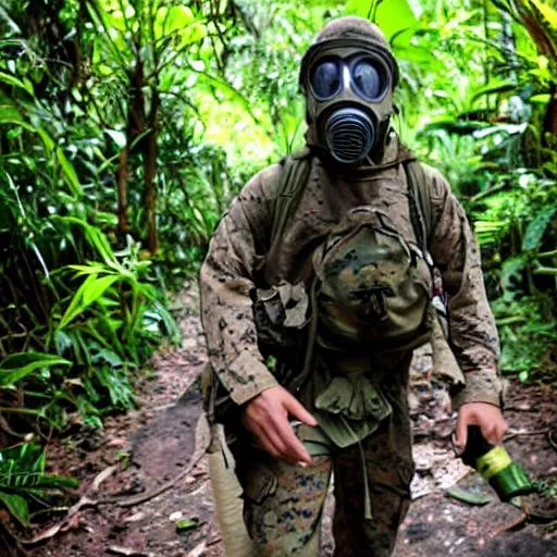 Prompt: US marine wearing gas masks walking through the jungles of Vietnam