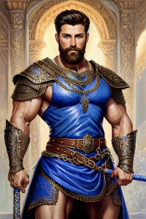 Prompt: oil painting, male fantasy character, strong musculature, very handsome, short hair and beard, chain mail, royal blue clothing, wielding a quarter staff.