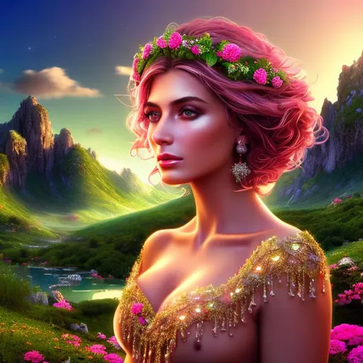 Prompt: HD 4k 3D 8k professional modeling photo hyper realistic beautiful woman ethereal greek goddess of fertility, motherhood, and mountain wilderness
pink hair brown eyes gorgeous face tan skin green shimmering dress jewelry and ivy crown full body pregnant mother surrounded by magical glowing light hd landscape background mountain wilderness lush vegetation plants trees