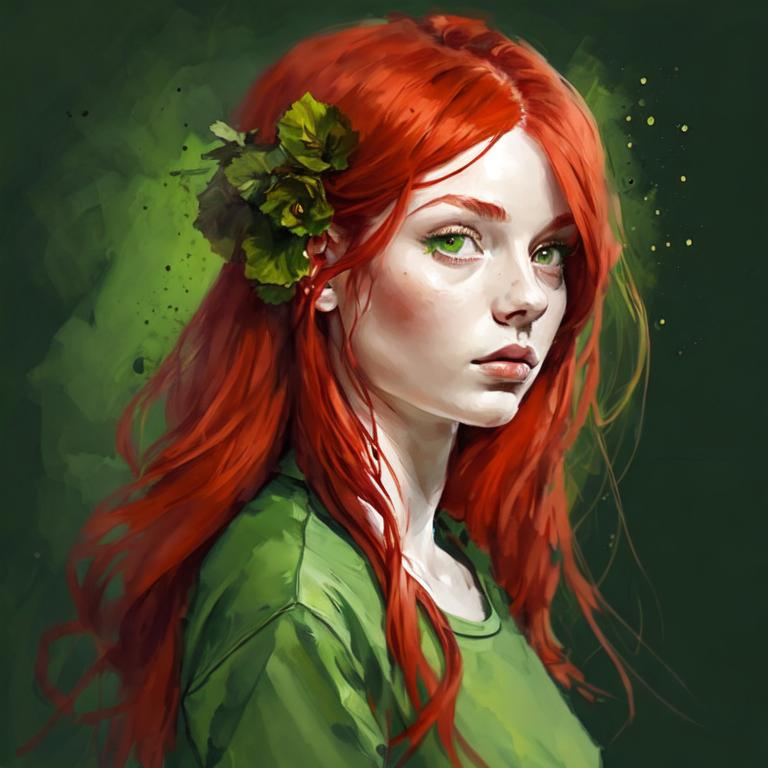 Girl with red hair greenery in hair, green clothes