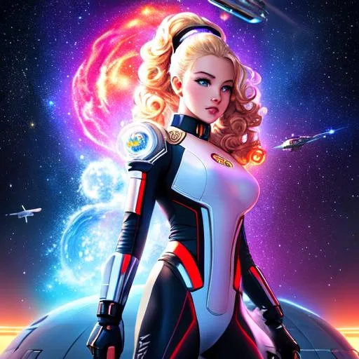 Prompt: modern movie poster, full body,  Dove Cameron  in center focus, wearing space suit, curly long ponytail firing laser gun, spaceships in background, galaxies on fire, war, castles on fire, royal vibe, highly detailed, digital painting, Trending on artstation , HD quality, pale skin, Big Eyes,artgerm, by Ilya Kuvshinov 
