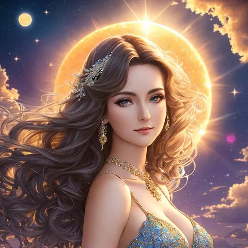 Prompt: fully evening dresses mature woman in surrounded by Julia clusters fractal sky and sun, UHD, hd , 8k, Very detailed, Very detailed beautiful face, Very detailed beautiful eyes, panned out view with whole character in from, a olive skinned, long hair with balayage tight curls, Dancing beauty