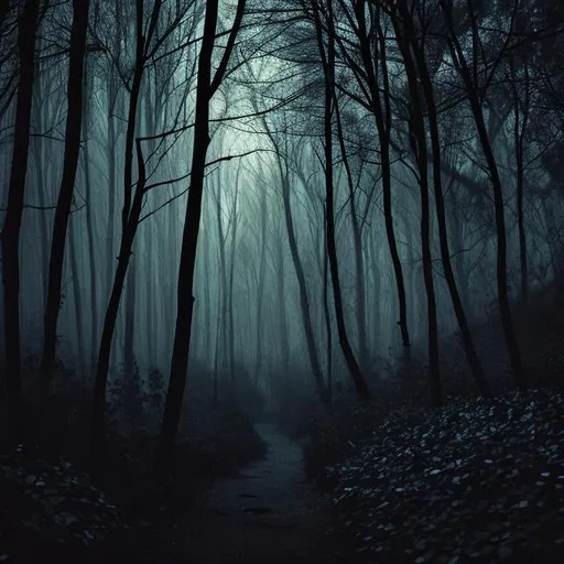 Prompt: a dark forest at night with black leaves falling 