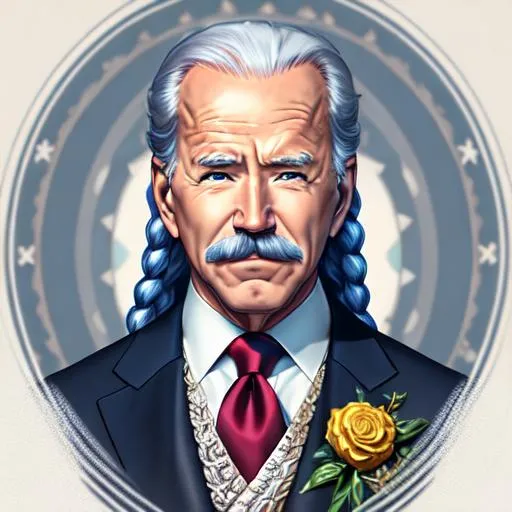Prompt: 64K, centered position Full body of Joe Biden,curled mustache, long silver braided hair, Mobile Legend, detailed face, by makoto shinkai, stanley artgerm lau, wlop, rossdraws, concept art, digital painting, looking into camera, intricate ornament on his suit, castle background, colorful ambient, colorfull, HDR, 64K