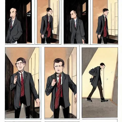 Prompt: "Best Quality, 8k, dynamic, Sanguine Watercolor, Ink, Masterpiece, comicbook page, digital illustration,
featuring, 1boy(Character:Detective_Edgelord(same character multiple views),Overcoat, hoodie,suit+tie,inside, abandoned_hotelroom),pistol, climbing on hotel bed, red door, Haunted,
with, highly detailed face,Highly detailed comic panels, intricate line-art, dynamic text box, english lettering,Cel_Shading,(Retro-Futuristic_cyberpunk, Dystopian, Marvel Comics),
By, ((Aaron McGruder,Jim Lee,Salvador Dali,Grzegorz Rutkowski,Grandfailure)),"
In Buliojourney v2