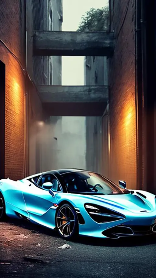 Prompt: McLaren 720s in light blue, in a dark forgotten trash filled alley way, no light coming in, with trash flying around, in the crack of dawn