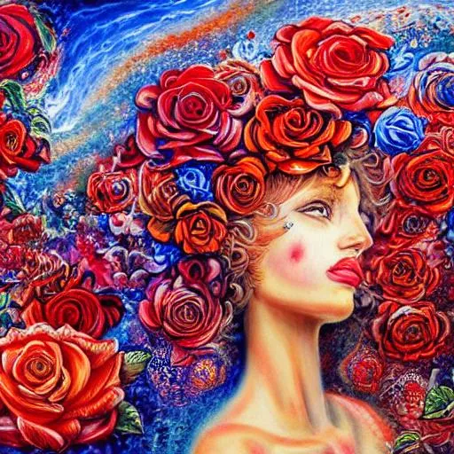 Prompt: An oil painting of a rose erupting within itself endlessly, red and blue roses, an airbrush painting by Josephine Wall, deviantart, psychedelic art, airbrush art, detailed painting, pre-raphaelite, 3d render, rococco art