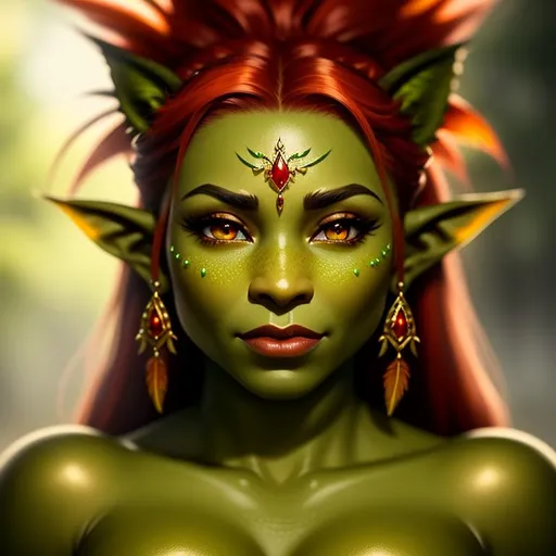 Prompt: {{{{highest quality concept art masterpiece}}}} oil painting, {{visible textured brush strokes}},

hyperrealistic intricate perfect Full Body Orc with green Skin and Tiny elf ears and small bottom lip Tusks
{{hyperrealistic intricate perfect  fiery red  feathery beautiful hair}} 
and 
{{hyperrealistic perfect clear red eyes}} 
and hyperrealistic intricate perfect seductive attractive cute gorgeous beautiful stunning feminine face wearing 
{{hyperrealistic intricate leather armor}}
 with deep exposed cleavage

soft skin and light blue  blush cheeks and scary sadistic mad, 
face 
perfect anatomy, perfect composition approaching perfection, 
{{seductive love gaze at camera}}, 

hyperrealistic intricate warm summer sunrise forest in background, {{sunrise}}, 

anime vibes, 
fantasy, 
cinematic volumetric dramatic 
dramatic studio 3d glamour lighting, 
backlit backlight, 
128k UHD HDR HD, professional long shot photography, 
unreal engine octane render trending on artstation, 

triadic colors,
sharp focus, 
occlusion, 
centered, 
symmetry, 
ultimate, 
shadows, 
highlights, 
contrast, 
{{sexy}}, 
{{huge breast}}