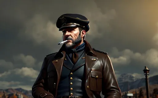 Prompt: Portait Man with black dark beret, with a cigarette in the mouth, Mutton Chops , overcoat leather clothing with brown color, photorealistic picture, Fallout 76 blue skys, really old look, very detailed, realistic photo, dramatic lighting,