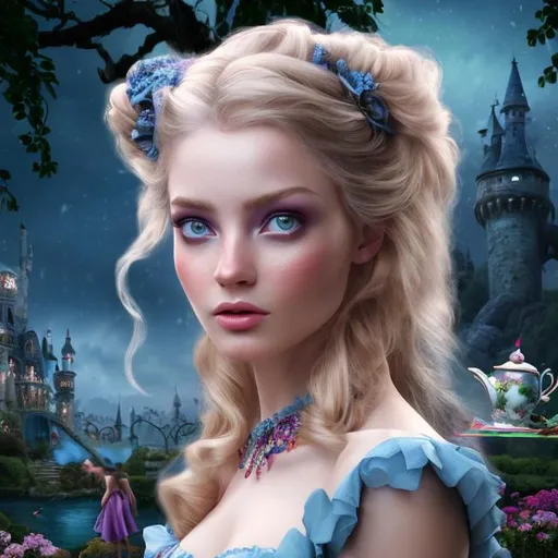 Prompt: 4k 3D professional modeling photo live action human woman hd hyper realistic beautiful english woman blonde hair fair skin blue eyes beautiful face blue white and black dress black headband enchanting mystical wonderland landscape hd background with live action magic full body mad tea party