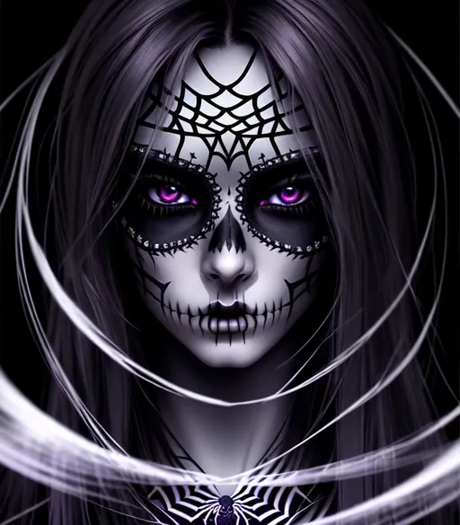 Prompt: Horror, twisted, scary, ominous, cinematic, 3D, HD, freeform dark chaos Beautiful!! {Sugarskull}Female, detailed gorgeous face, Beautiful big reflective eyes, long flowing hair, expansive spiderweb background, hyper realistic, 16K --s98500