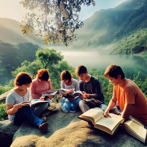 Prompt: Group reading books , 2 cat play, mountain, sun, mist , water fall, drink coffee, house, bird fly